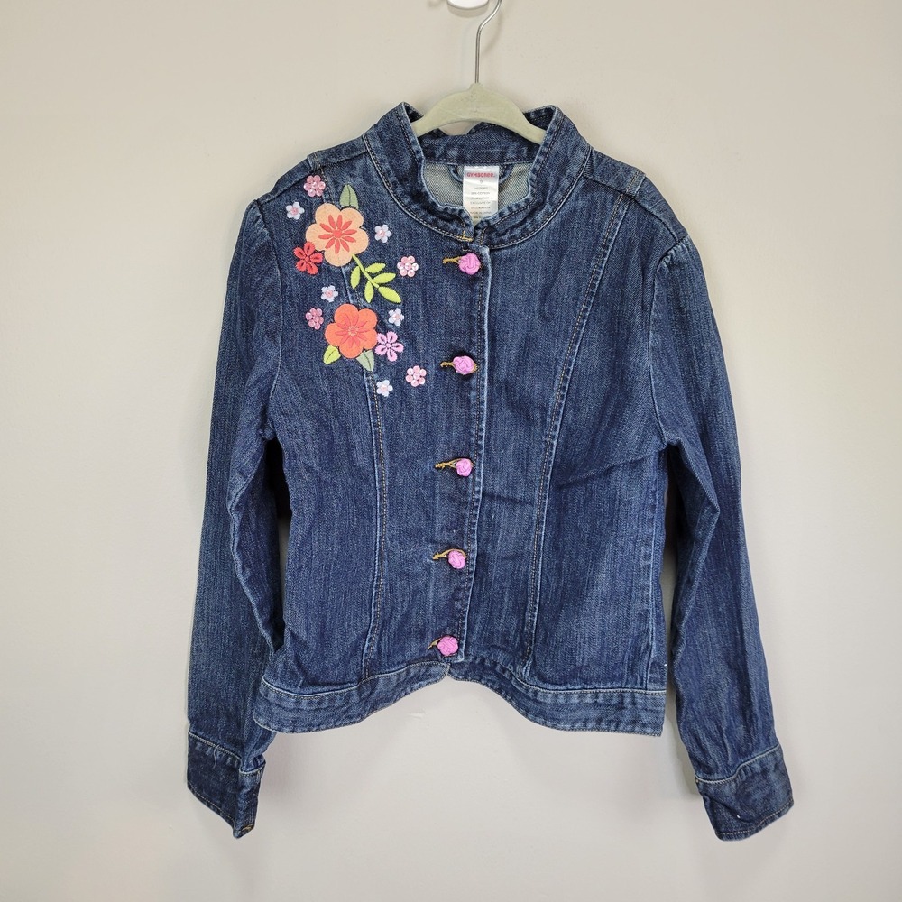 Gymboree Floral Embroidered Button Front Blue Denim‎ Jacket Girls Size 9
